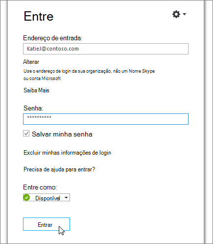 Uma captura de tela que mostra onde inserir sua senha na tela Entrar do Skype for Business.