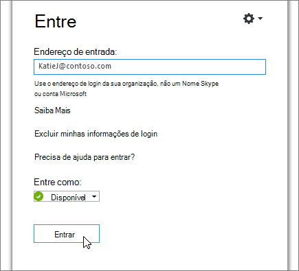 Uma captura de tela que mostra o botão Entrar na tela Entrar do Skype for Business.