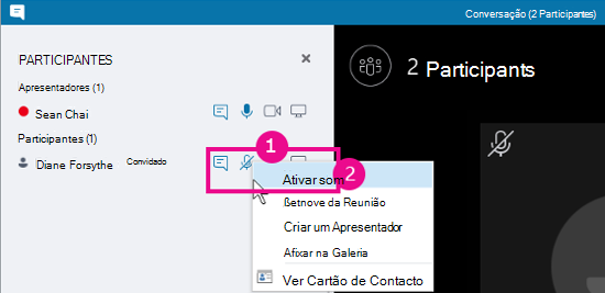 Opção Desativar Mudo do participante na exibição da conversa