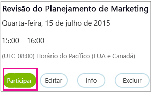 Informações da reunião com o botão Ingressar realçado