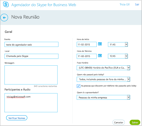 Tela Agendador da Web onde você fornece detalhes sobre a reunião e adiciona convidados