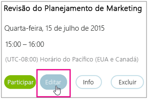 Detalhes da reunião com o botão Editar realçado