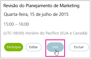Detalhes da reunião com o botão Informações realçado