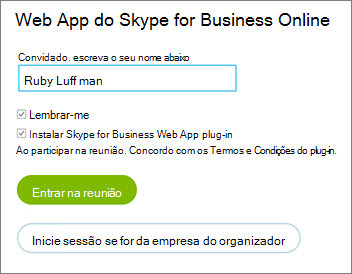 Entre no Skype for Business Web App como convidado ou com as credenciais de sua organização