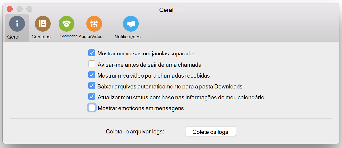 Caixa de marcação Mostrar emoticons em mensagens na página Geral das Preferências