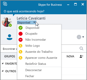 Captura de tela da janela do Skype for Business com o menu de Status aberto.