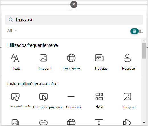 Selecione o círculo em uma página do SharePoint que você está editando para ver as Web Parts disponíveis.