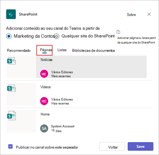 A caixa de diálogo Adicionar conteúdo ao canal do Teams de.