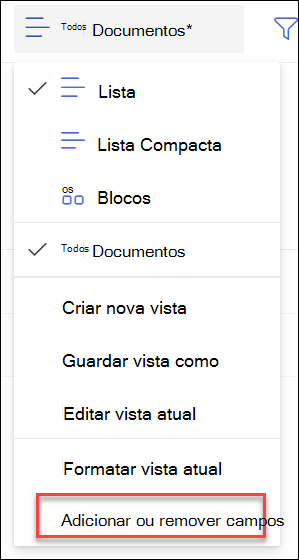 Captura de ecrã da opção Adicionar Remover Campos