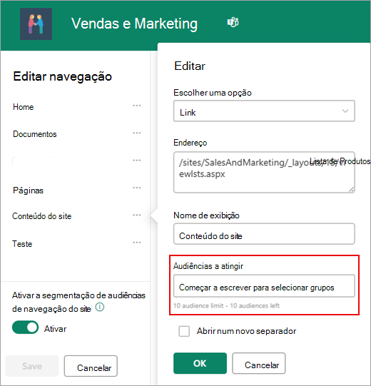 A caixa de diálogo Editar é usada para adicionar público-alvo.