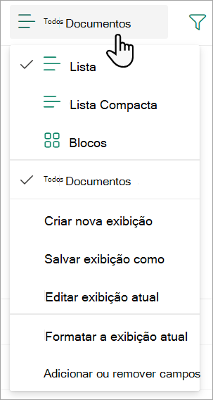 Captura de ecrã a mostrar a lista pendente da vista Todos os Documentos utilizada para alterar uma vista de lista.
