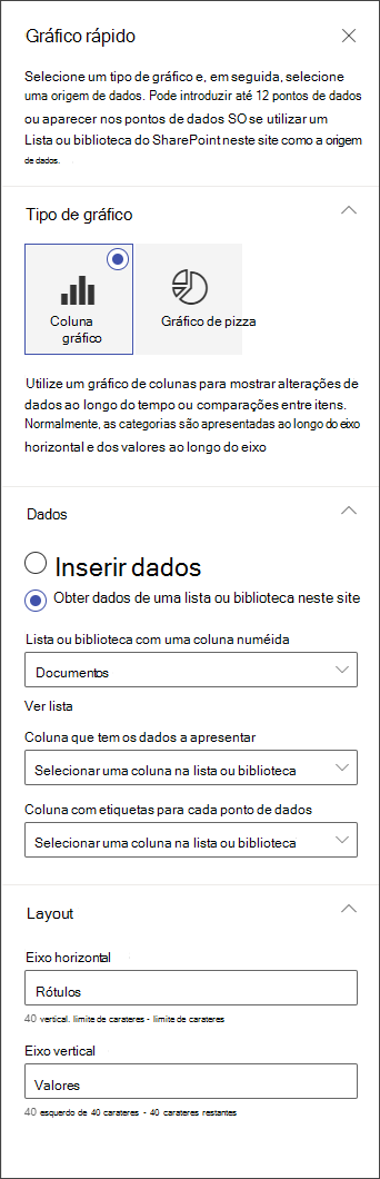 captura de ecrã do painel de edição do gráfico de colunas