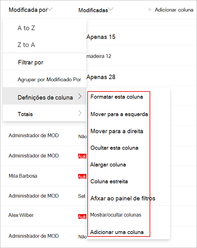 Captura de ecrã a mostrar as definições de coluna numa lista que pode utilizar para modificar a sua lista.