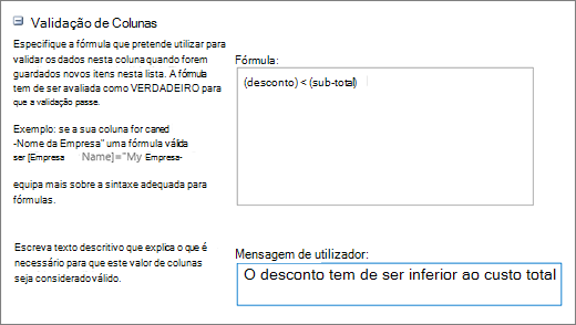 Caixa de diálogo de validação de coluna com campos preenchidos com dados de exemplo