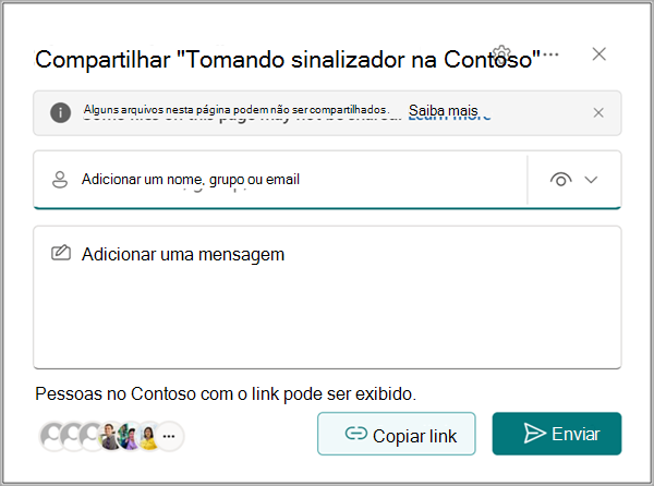 Caixa de diálogo Enviar ligação com um campo de destinatário, definições de permissões, campo de mensagem e botão Enviar.