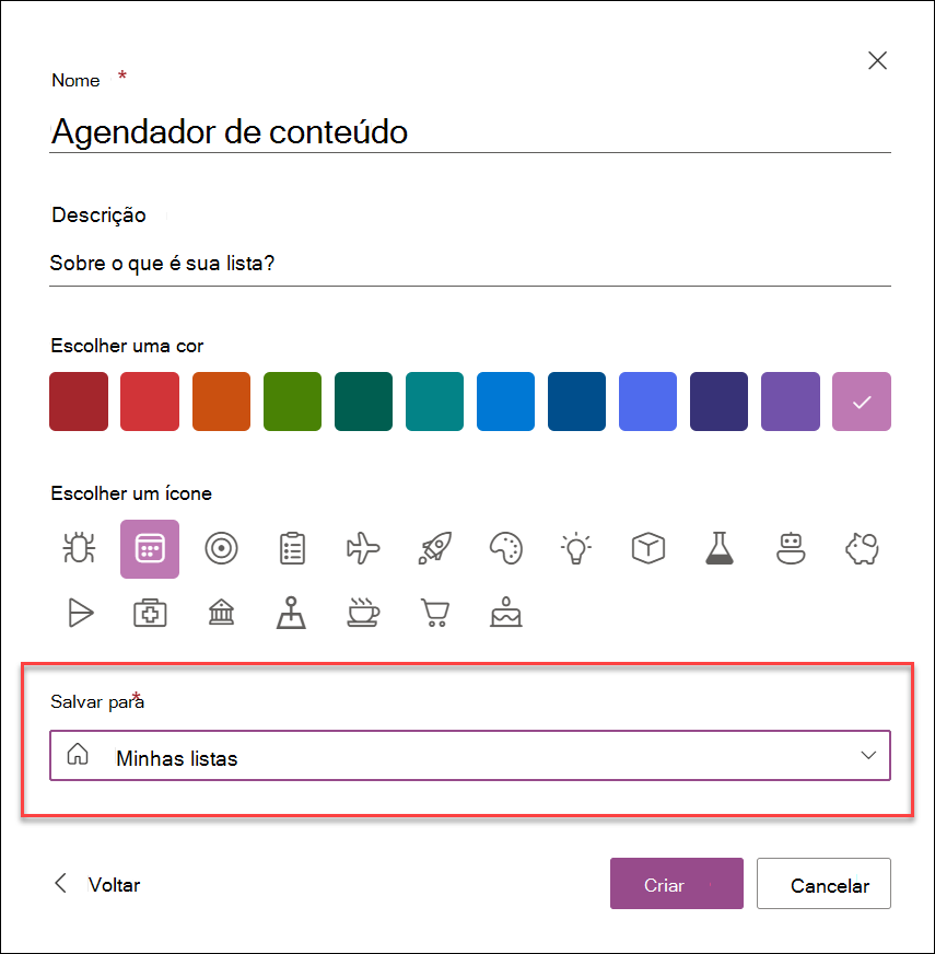 captura de ecrã de Criar lista a partir da aplicação Listas