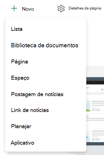 Captura de tela de criar nova lista ou biblioteca