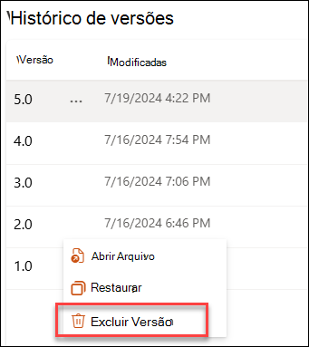 captura de ecrã a eliminar uma versão