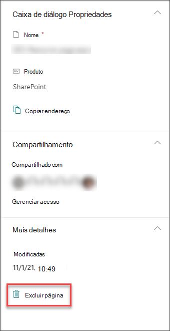 Captura de tela da opção excluir página no painel de detalhes da página