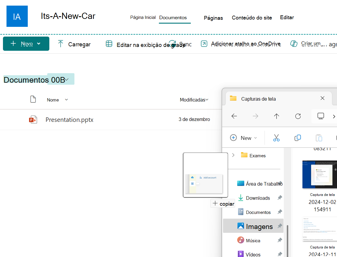 Um ficheiro de imagem a ser arrastado de uma janela de Explorer para uma biblioteca de documentos do SharePoint