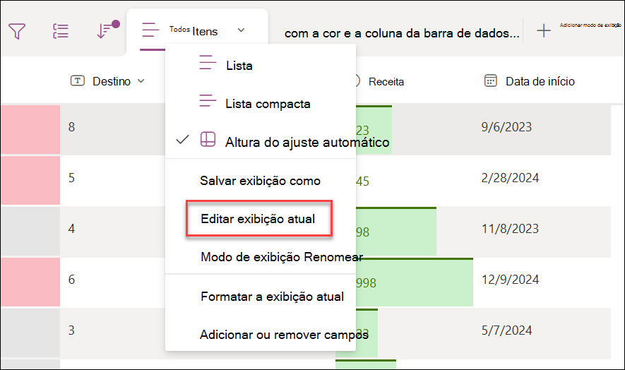 Captura de ecrã a mostrar a seleção de editar a vista atual