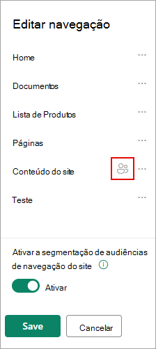 Em Editar navegação, um ícone confirma seus links de destino.