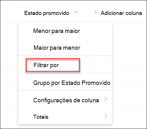 captura de ecrã de Filtrar por estado promovido