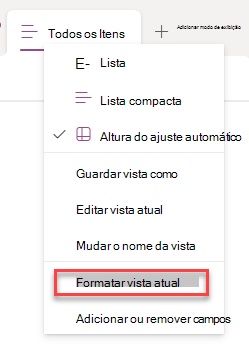 Captura de tela da seleção de Formatar Linha Atual