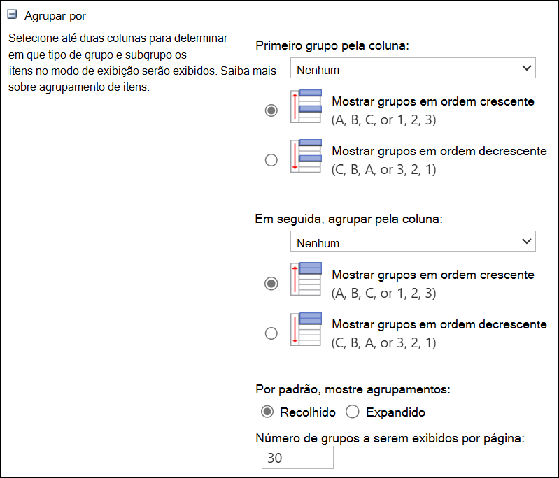 captura de ecrã do agrupamento por até 2 colunas.