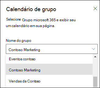 Selecionando um grupo do Microsoft 365 no painel de propriedades.