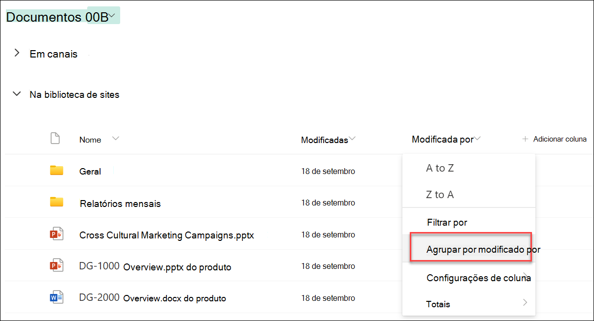 captura de ecrã do agrupamento por nome da coluna