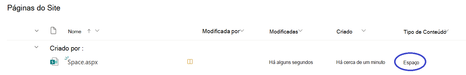 Identifique espaços do SharePoint ao navegar para a biblioteca Páginas do site e procurar ficheiros com o Espaço do Tipo de Conteúdo