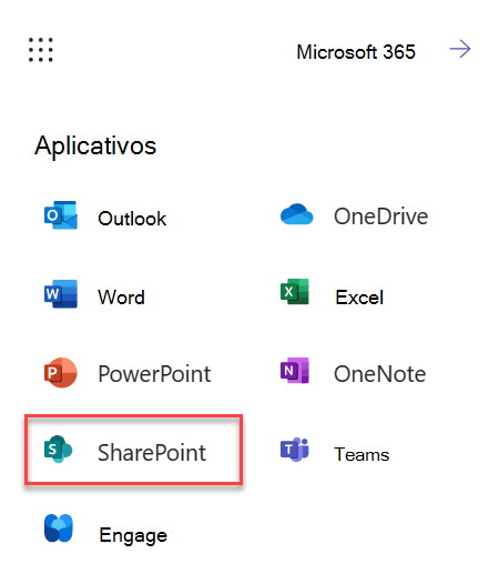 Captura de tela sobre como iniciar o SharePoint a partir do M365