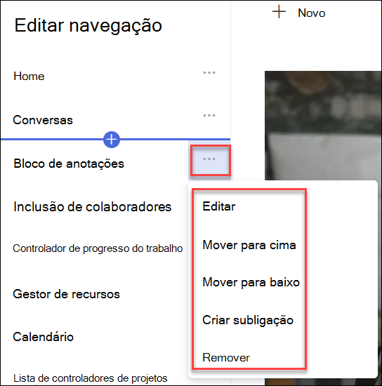 captura de ecrã do menu de contexto de navegação