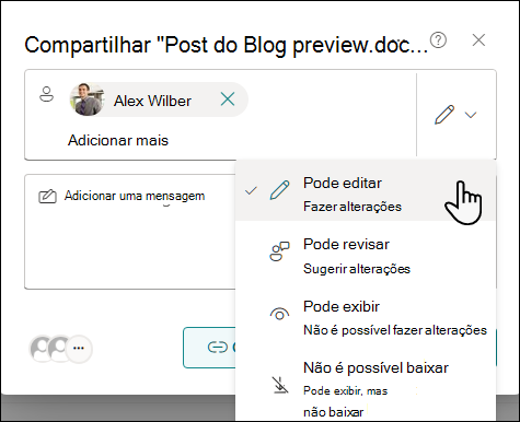 Selecione uma configuração de permissão para que as pessoas convidadas compartilhem um documento