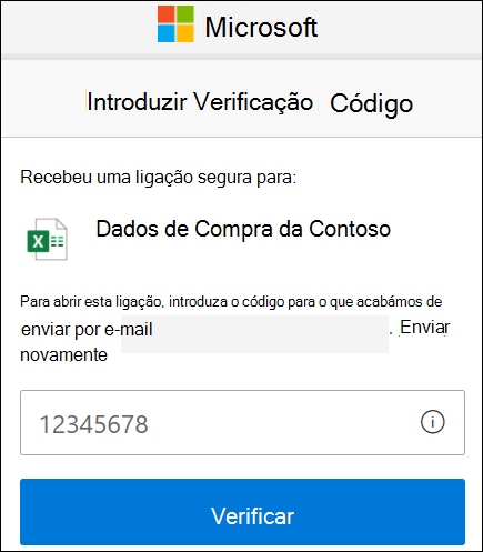 Janela verificar código da partilha externa do OneDrive