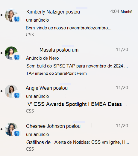 Captura de tela de uma lista de notificações de notícias
