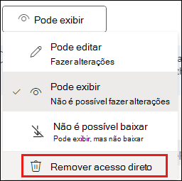 Captura de ecrã das permissões de partilha com a opção remover acesso direto realçada.