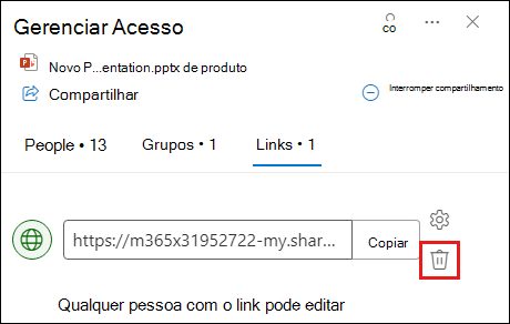 Captura de ecrã a mostrar a caixa de diálogo Gerir acesso com o separador Ligação aberto. O botão remover ligação está realçado.