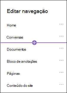 Adicionar caixa de diálogo para um menu de navegação do site de equipe com a opção de link selecionada
