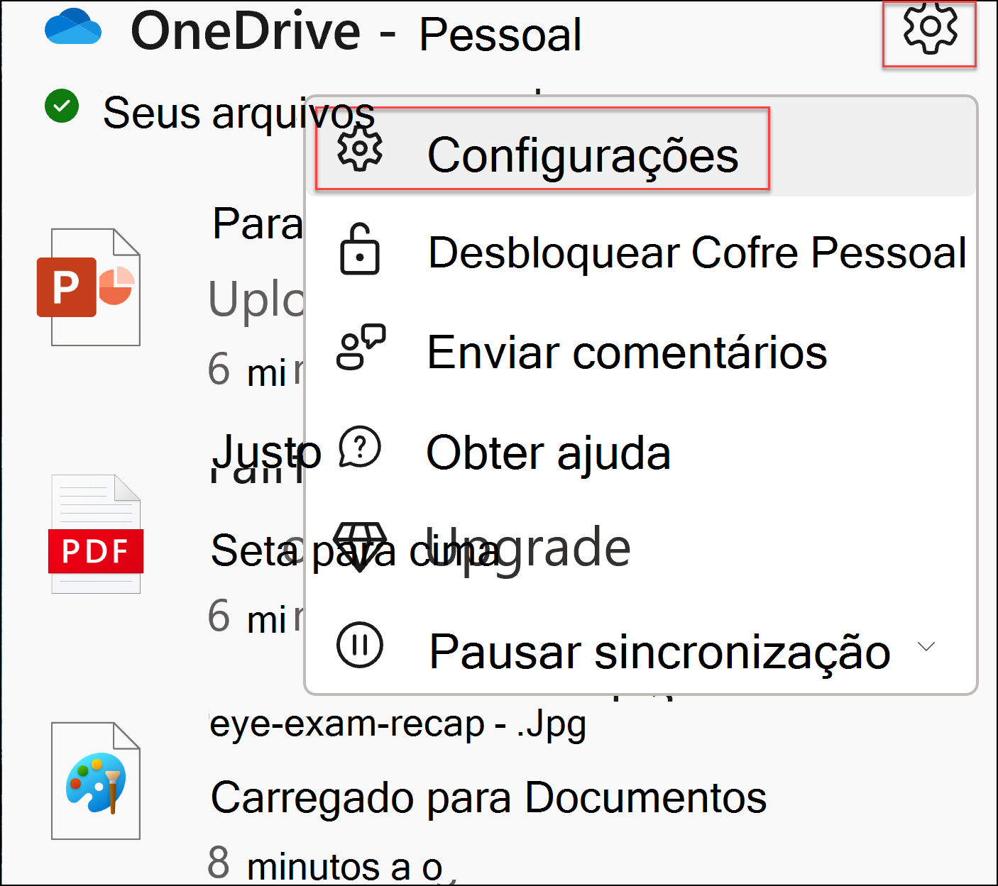 captura de tela das configurações do oneDrive