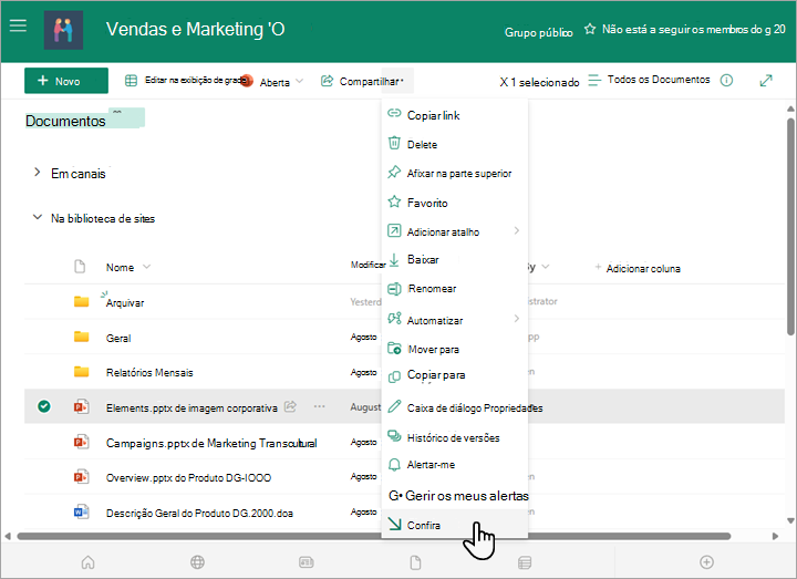 Selecione a opção de marcar check-out no menu Mais acima da lista de documentos.