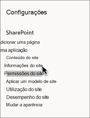 Captura de ecrã das definições do SharePoint com a opção Informações do site selecionada