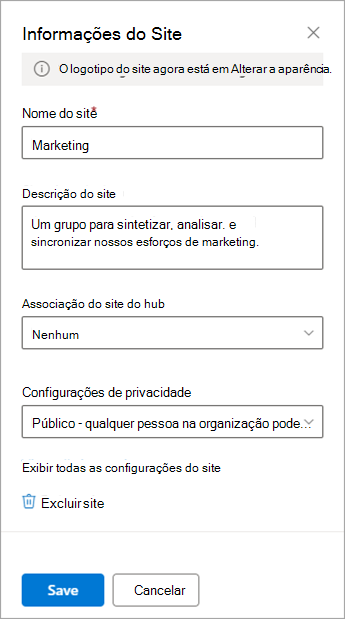 As opções de Configurações de Informações do Site para um site de equipe.