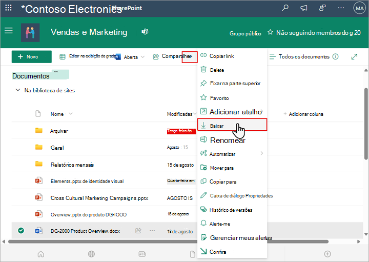 Use o comando Download do SharePoint para baixar e salvar uma cópia local de um arquivo ou pasta.