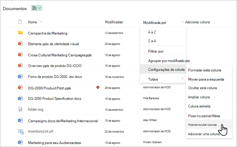 Captura de ecrã a mostrar o comando Mostrar/ocultar colunas numa lista.