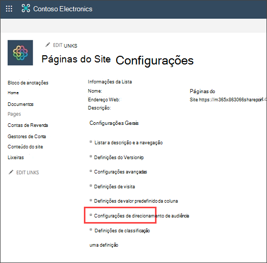 Página de configurações com o direcionamento de audiência realçado