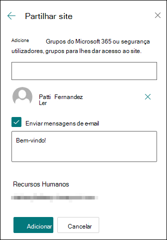Visualização do painel de permissões do site de compartilhamento