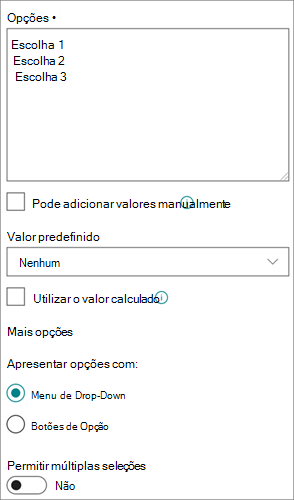 Opções para colunas Choice na experiência moderna