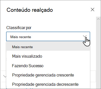 As opções Classificar por para a Web Part de Conteúdo Realçado na experiência moderna do SharePoint